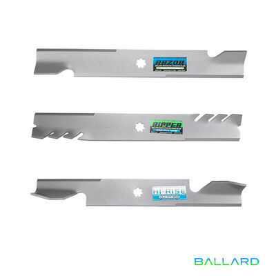 Mower Blades:  18 5/8" Long,  2.5" Wide,  7 PT Star Center Hole, Thickness- .203"(Three Spindles)